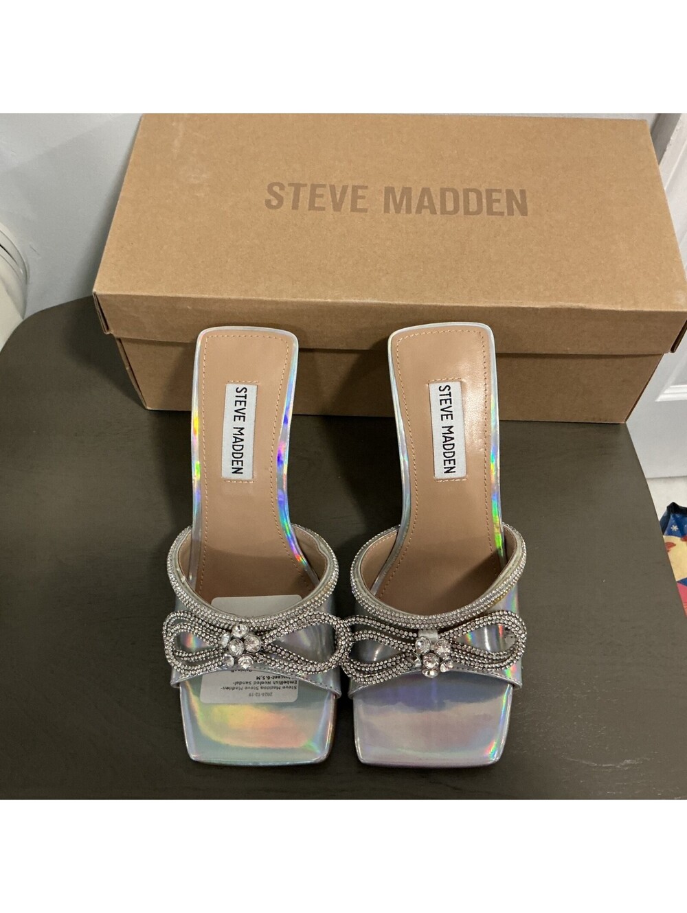 Steve Madden size 6.5 Woman’s Embellished Iridescent Silver Heel Shoe Slip On